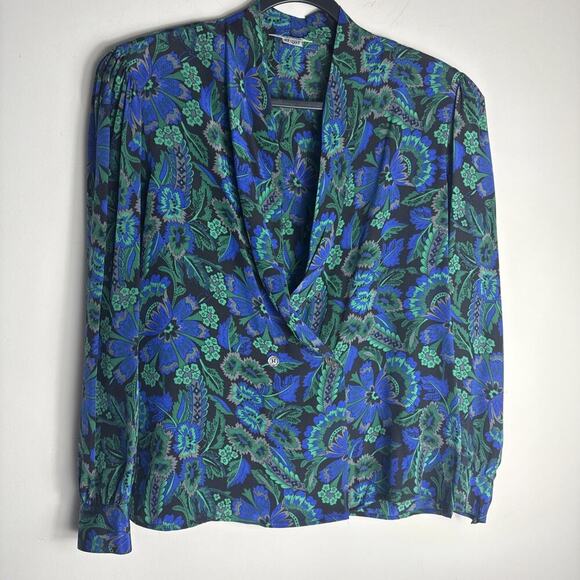 Vintage Paul Stanley Blazer Jacket 100% Silk Women’s  Floral Blue Black  Size 8 - Picture 1 of 8